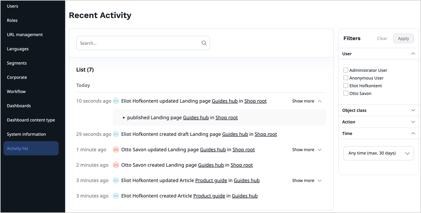 Recent activity log Recent activity log